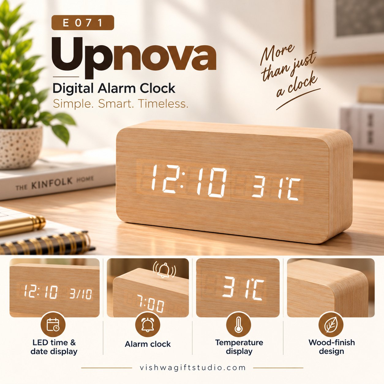 E071 Upnova Wood-Finish Digital Alarm Clock - Image 2