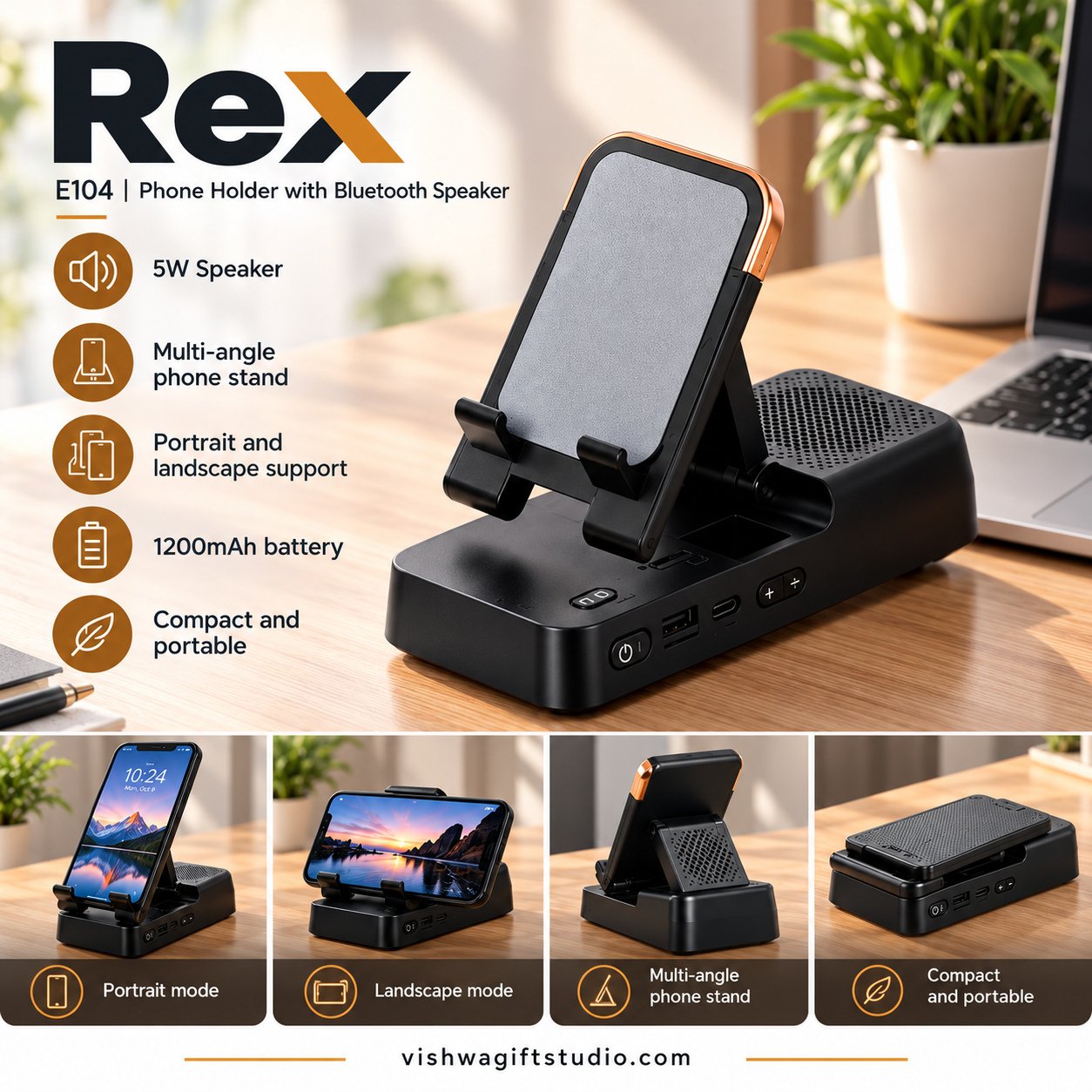 E104 Rex Phone Holder with Bluetooth Speaker - Image 2