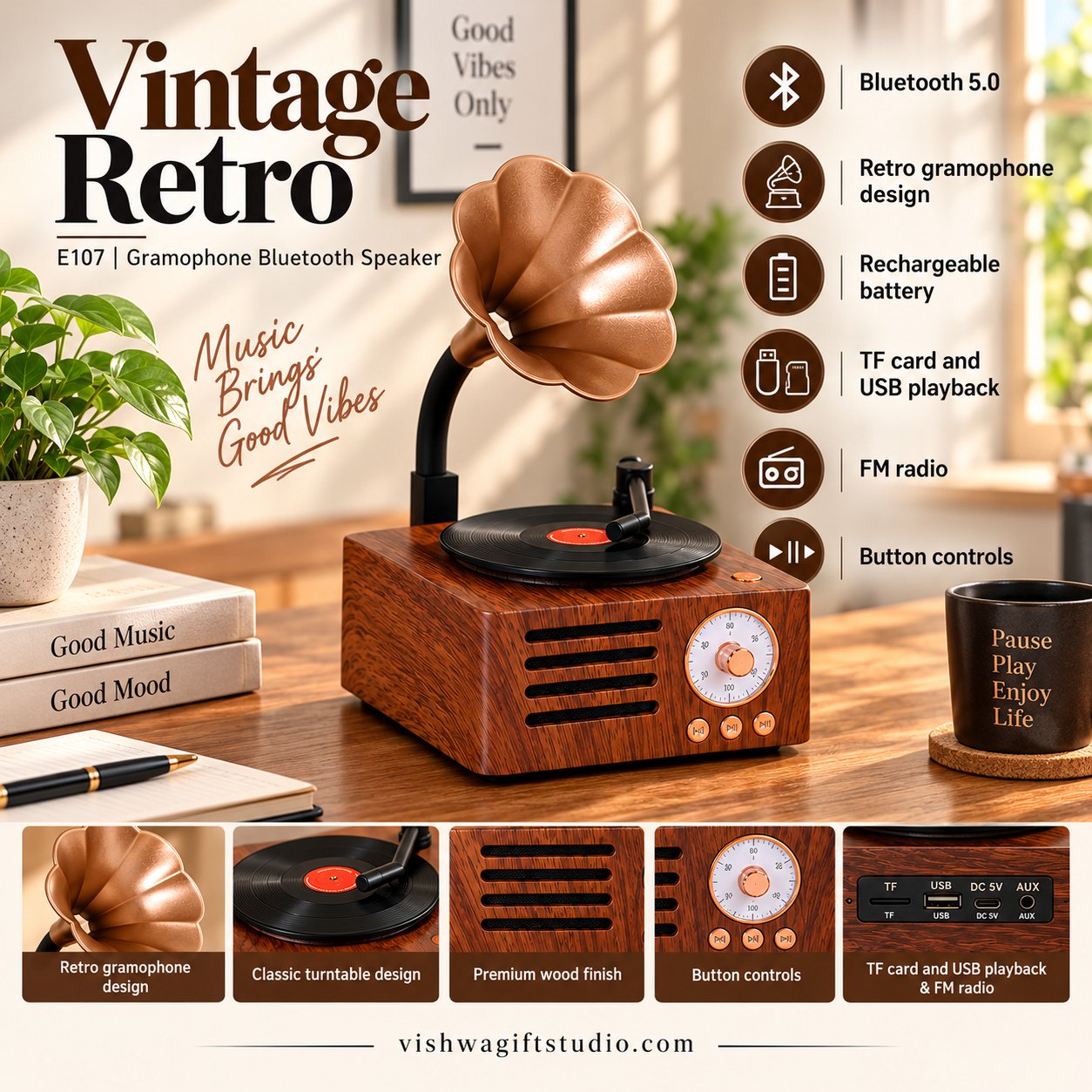 E107 Vintage Retro Gramophone Bluetooth Speaker - Image 2