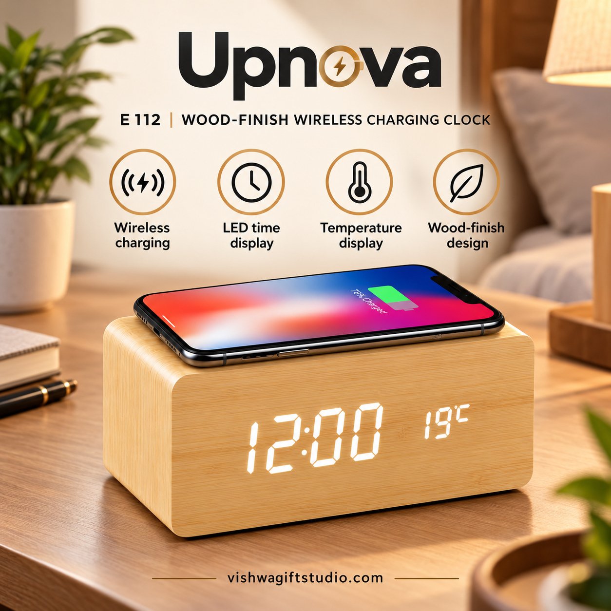 E112 Upnova Wood-Finish Wireless Charging Clock - Image 2