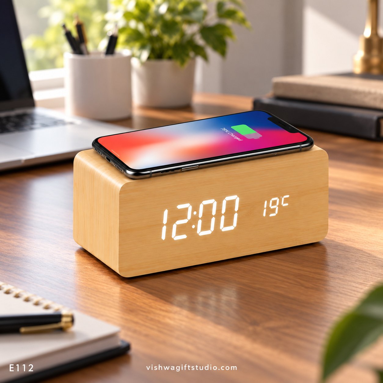 E112 Upnova Wood-Finish Wireless Charging Clock