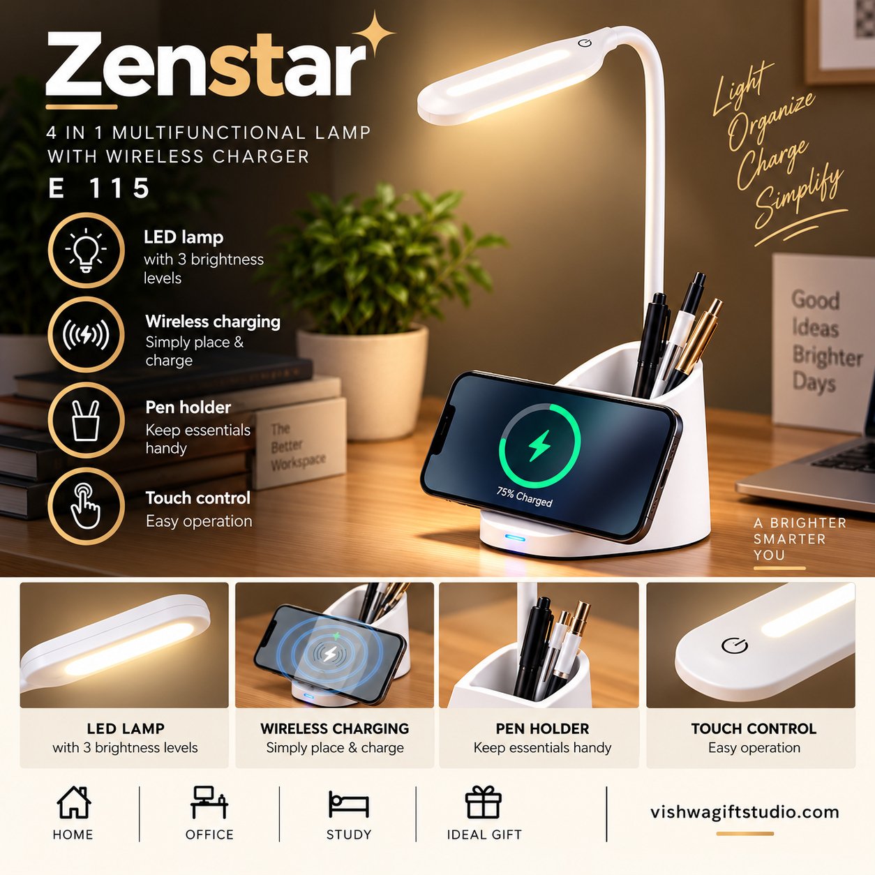 E115 Zenstar 4-in-1 Wireless Charging Desk Lamp - Image 2