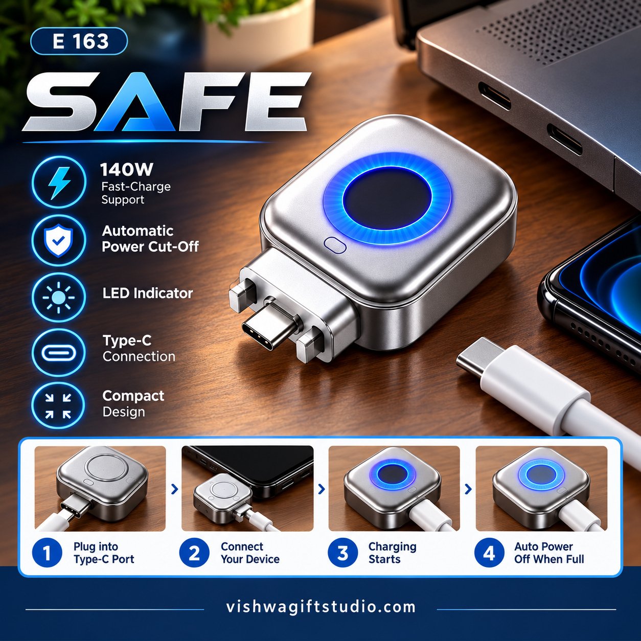 E163 Safe Type-C Auto Cut-Off Charging Adapter - Image 2
