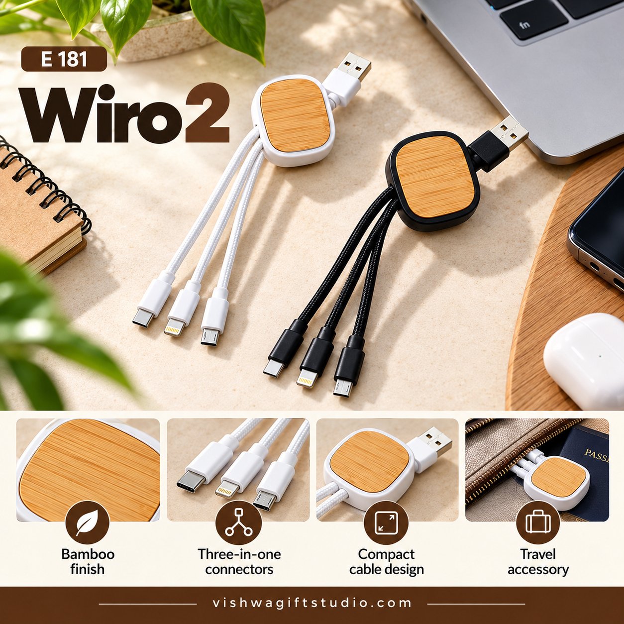 E181 Wiro2 Bamboo 3-in-1 Charging Cable - Image 2