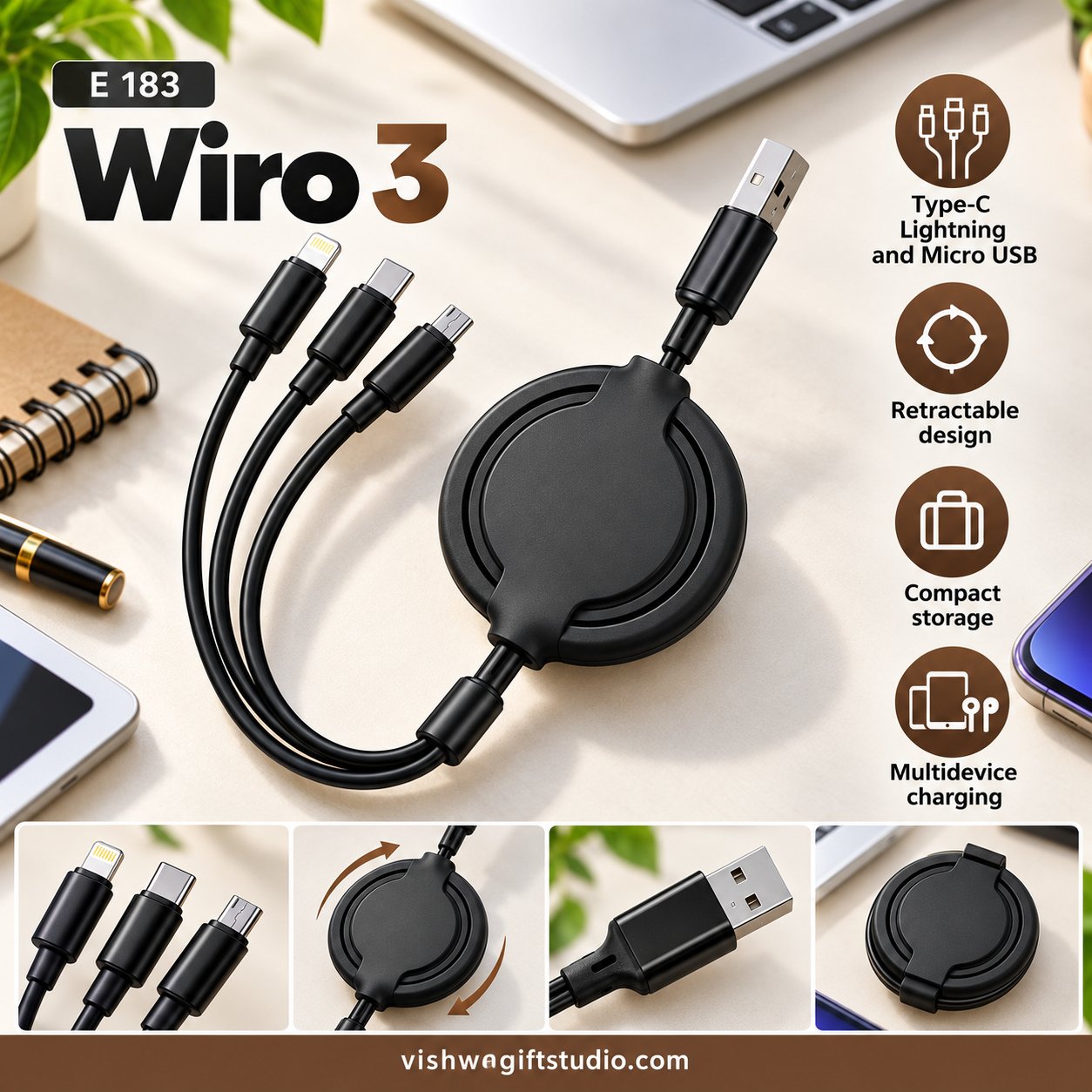 E183 Wiro3 Retractable 3-in-1 Charging Cable - Image 2