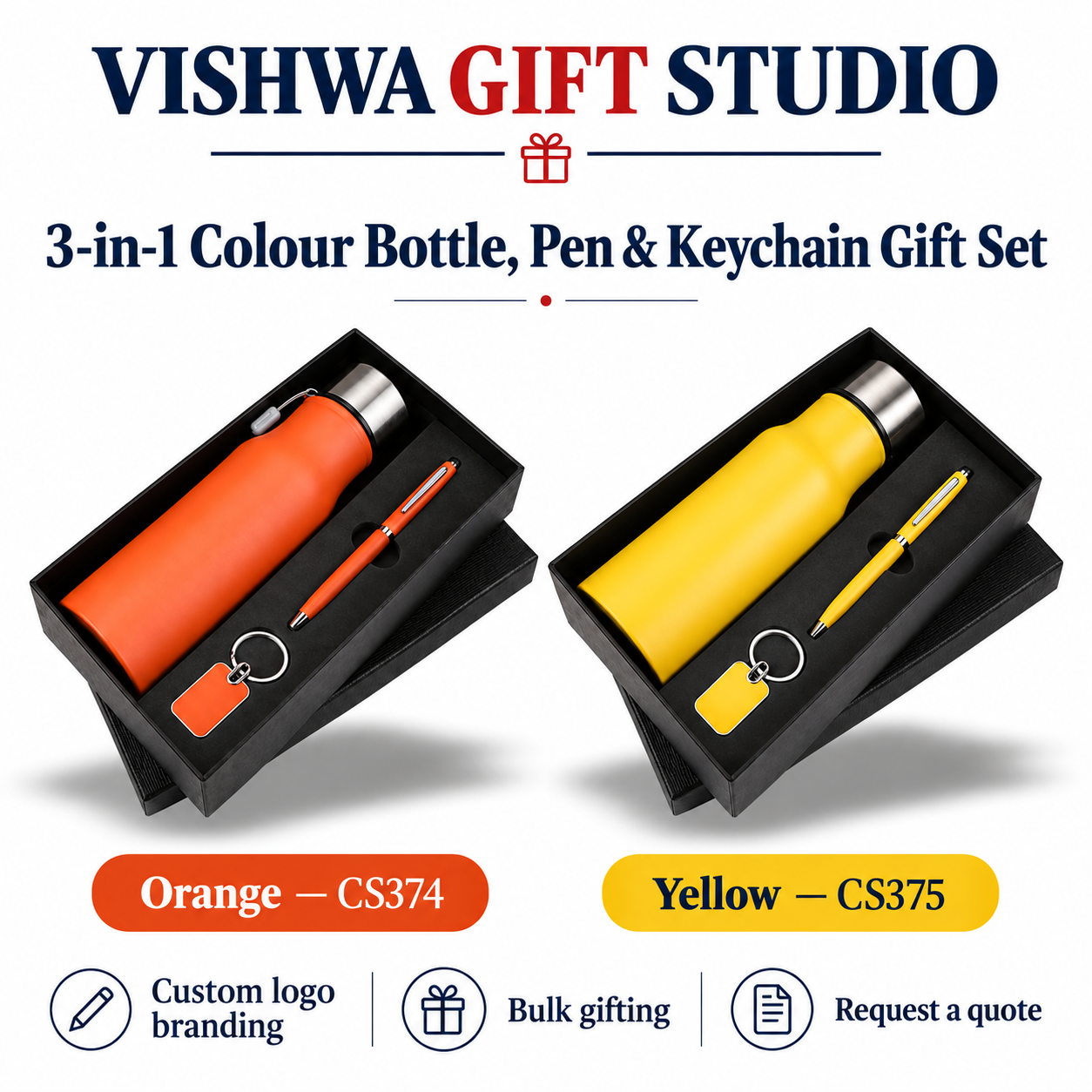 3-in-1 Colour Bottle, Pen & Keychain Gift Set - CS374 / CS375 - Image 2