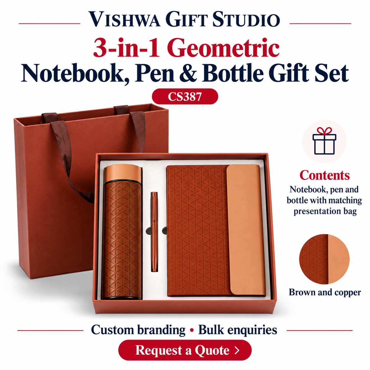 3-in-1 Geometric Notebook, Pen & Bottle Gift Set - CS387 - Image 2