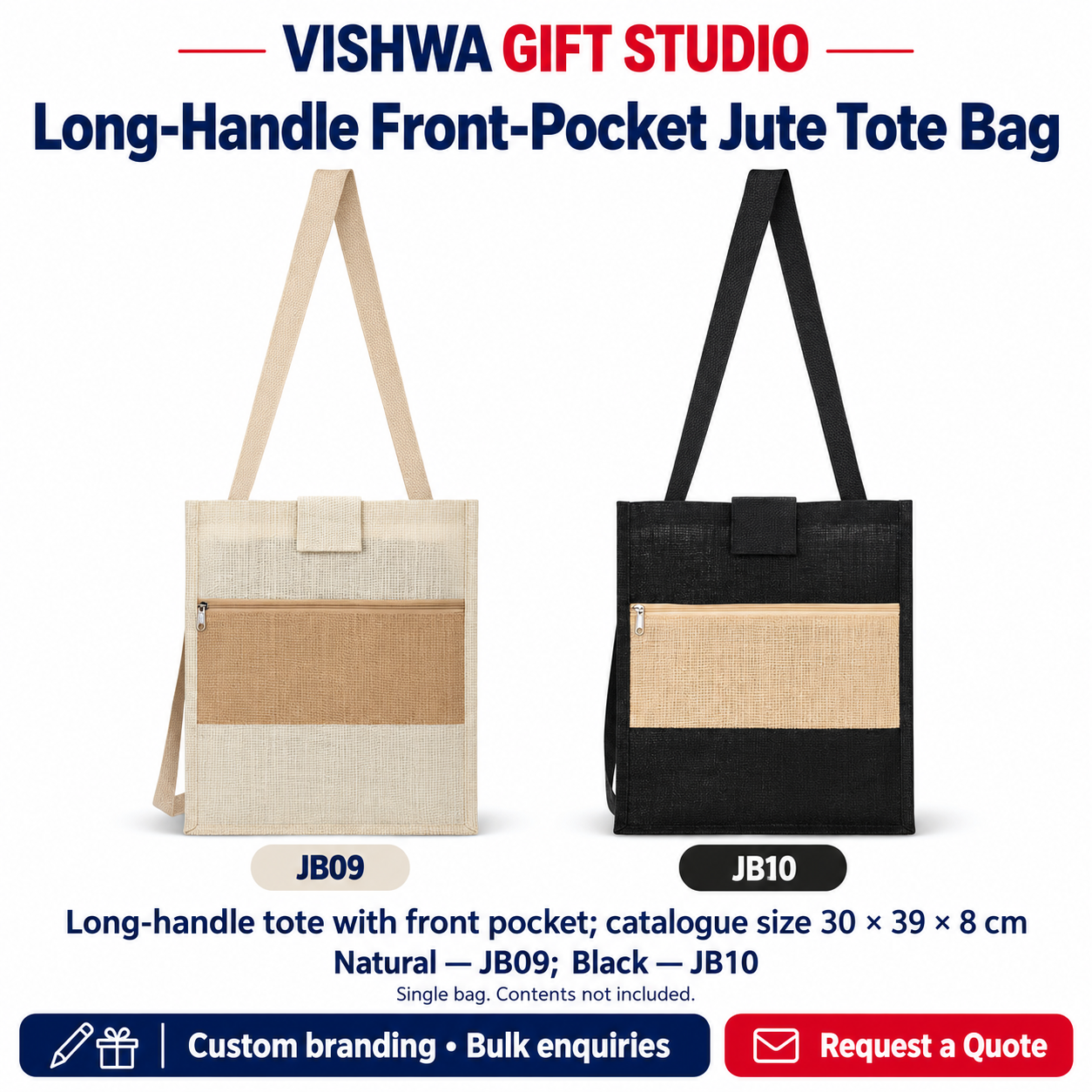 Long-Handle Front-Pocket Jute Tote Bag - JB09 / JB10 - Image 2