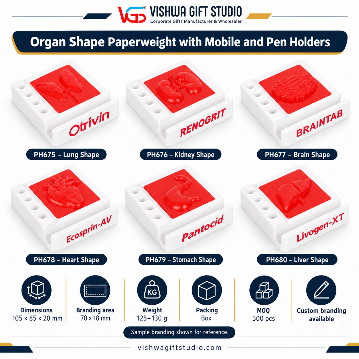 Organ-shape paperweight options: PH675 Lung, PH676 Kidney, PH677 Brain, PH678 Heart, PH679 Stomach and PH680 Liver.
