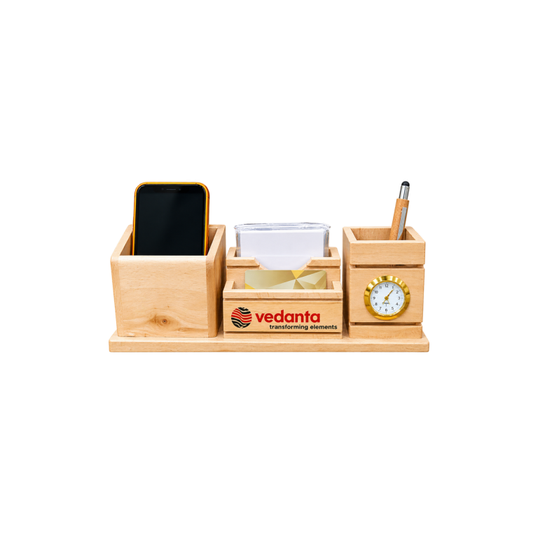 WD42 Natural Wooden Desk Organiser with Clock and Card Holder