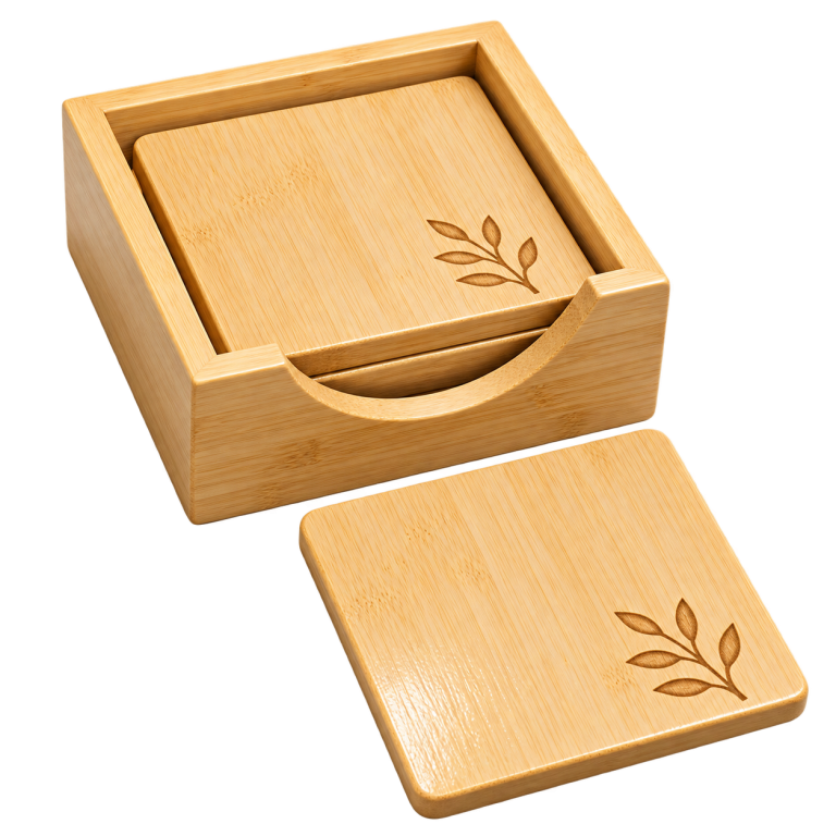 WD76 Bamboo Wood Coaster Set with Holder