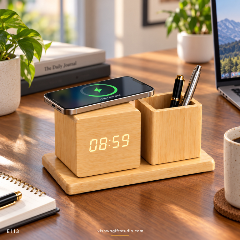E113 Charge+ Wooden Desk Organizer Charger Clock