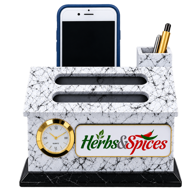 WD28 Marble Finish Wooden Desk Organiser with Clock