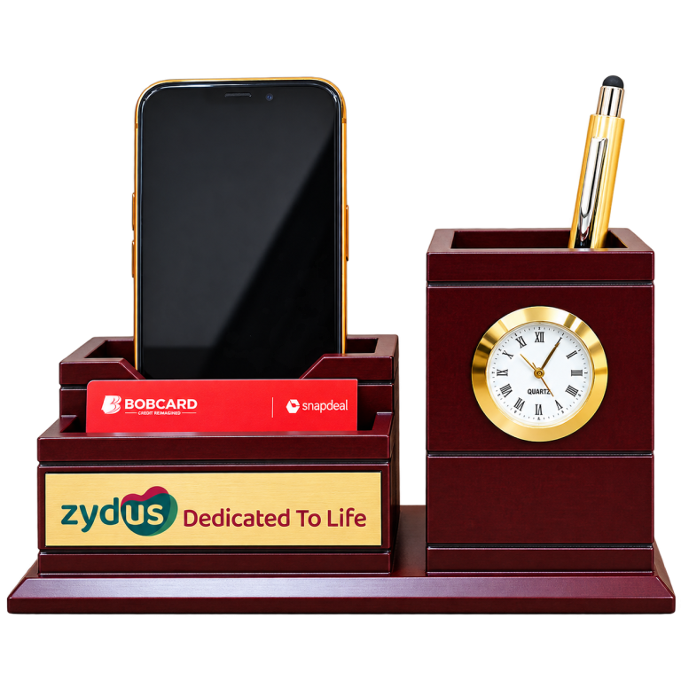 WD141 Wooden Desk Organiser with Clock and Pen Cup