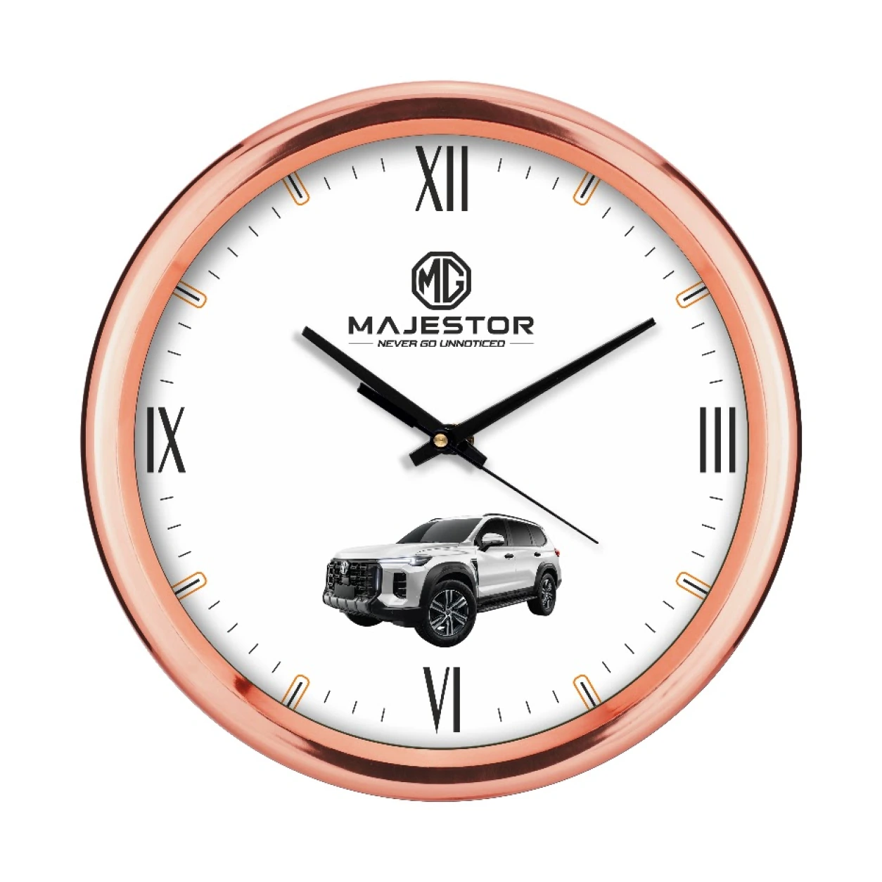 Model 70 rose gold Roman wall clock original photo with MG Majestor sample branding and car artwork