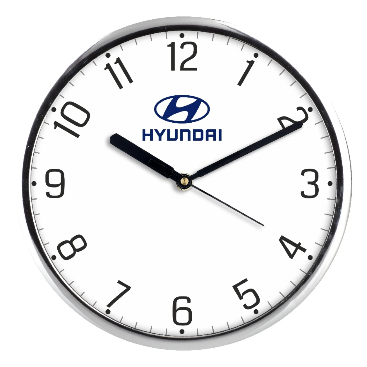 Model 86 silver white round wall clock original photo with Hyundai sample branding