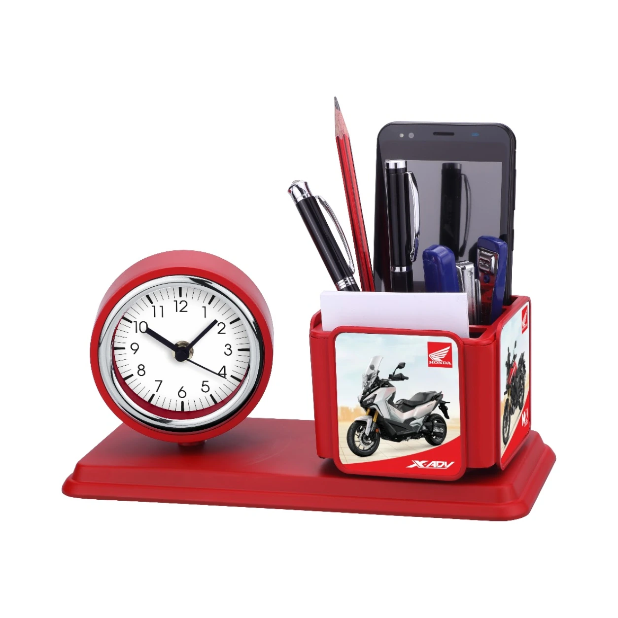 Model 111 red desk organiser with clock front view and Honda sample branding