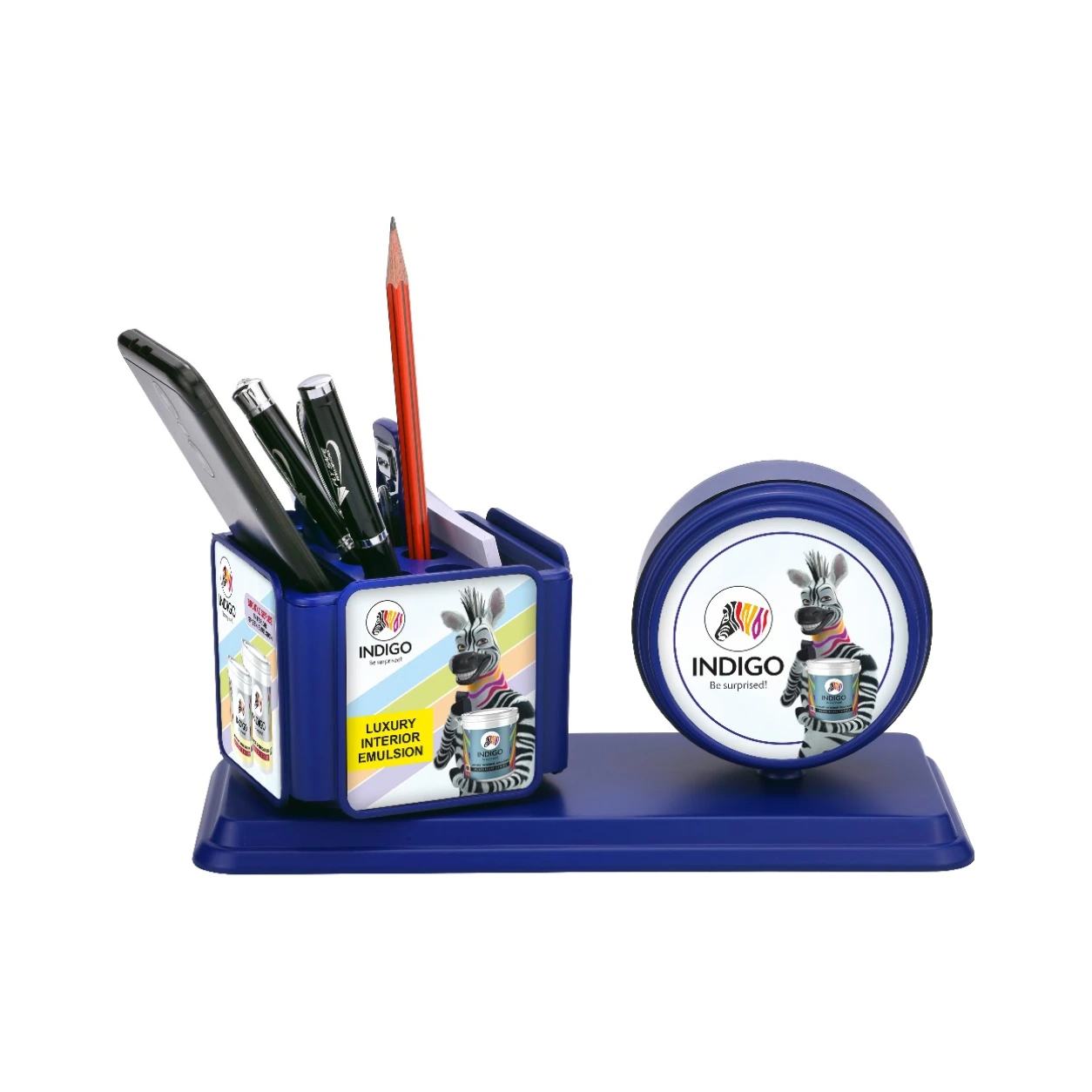 Model 110 blue desk organiser back view with Indigo sample branding