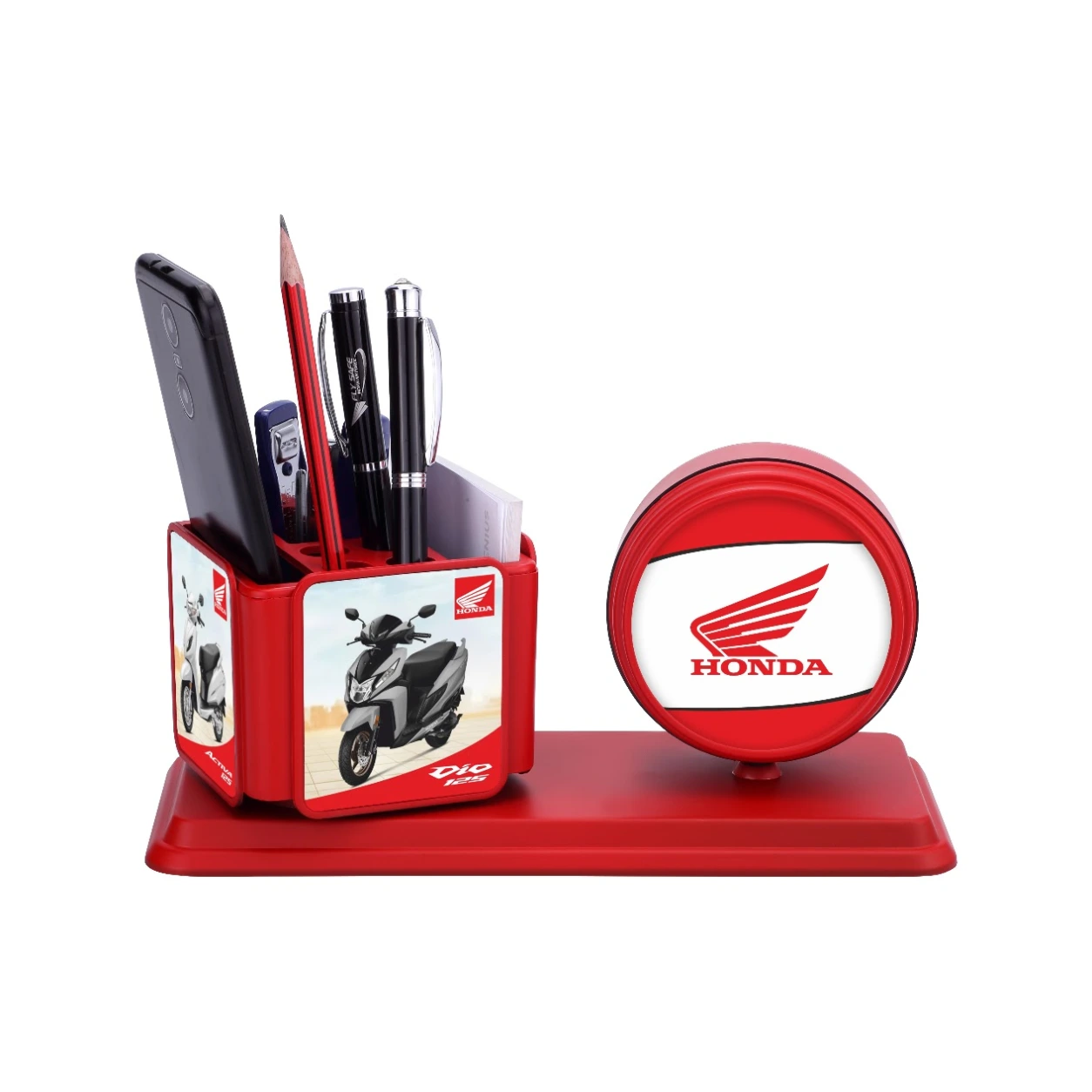 Model 111 red desk organiser back view with Honda sample branding
